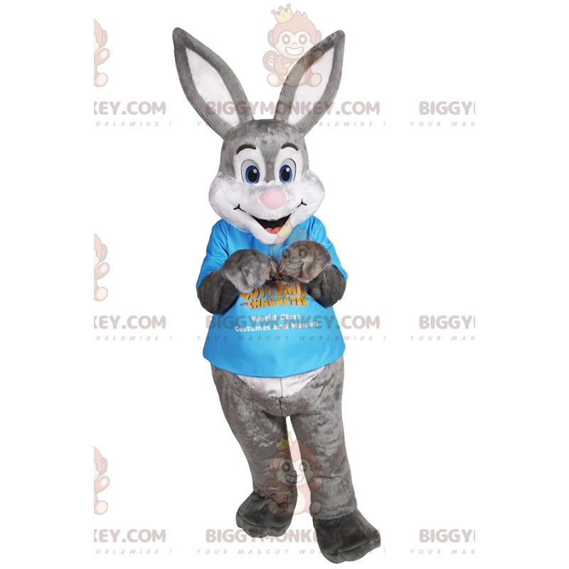 Gray Bunny BIGGYMONKEY™ Mascot Costume With Blue T-Shirt -