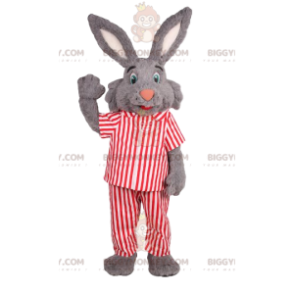 BIGGYMONKEY™ Mascottekostuum grijs konijn met rood-wit