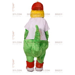 Grön dinosaurie BIGGYMONKEY™ maskotdräkt med vit supportertröja