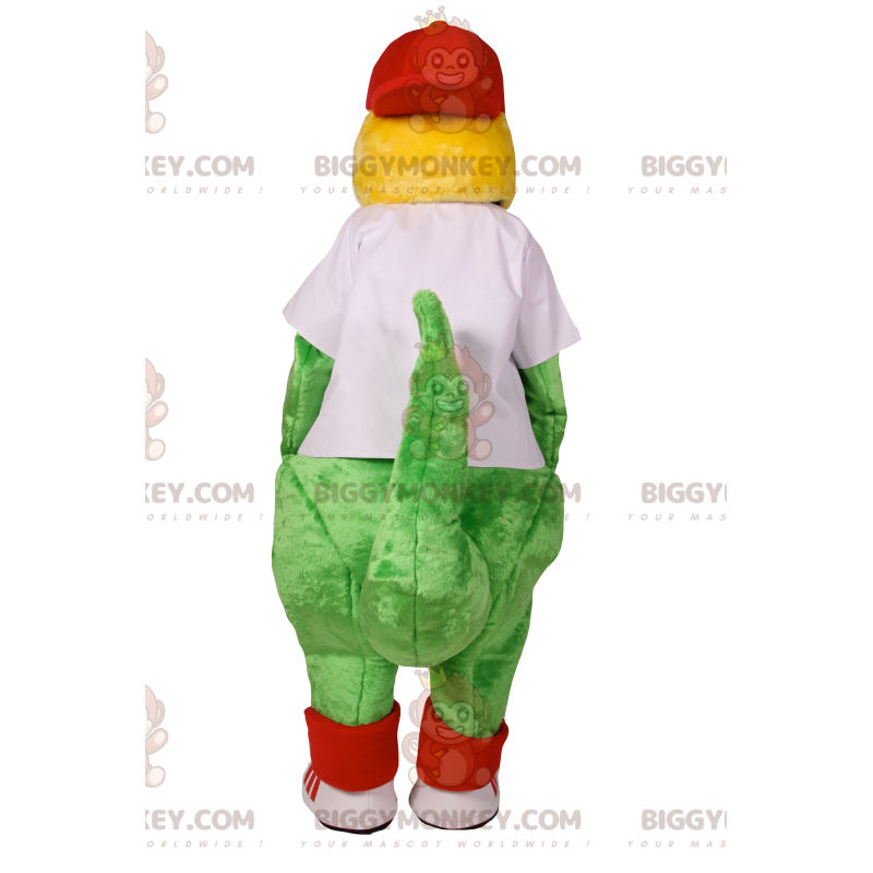 Grön dinosaurie BIGGYMONKEY™ maskotdräkt med vit supportertröja