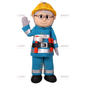 Kostým maskota stavebního muže BIGGYMONKEY™ v modrém pracovním