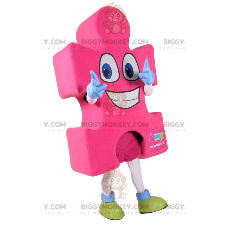 Costume da mascotte BIGGYMONKEY™ Super Happy Pink Puzzle Piece