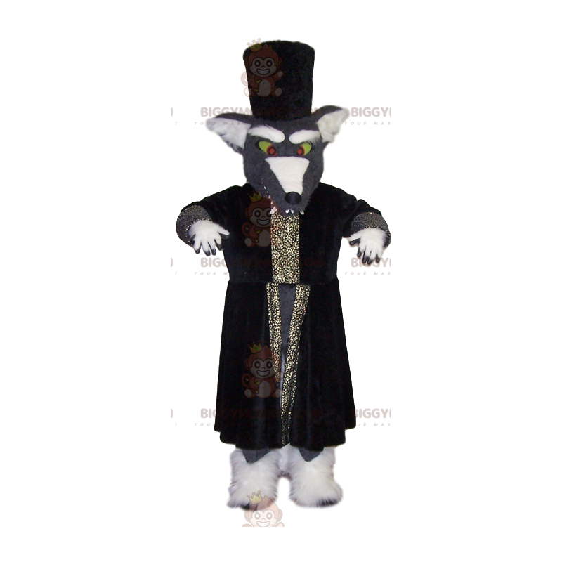 BIGGYMONKEY™ maskotkostume Grå ulv med stor troldmandsfrakke -