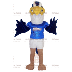 Traje de mascote BIGGYMONKEY™ de águia dourada branca e azul