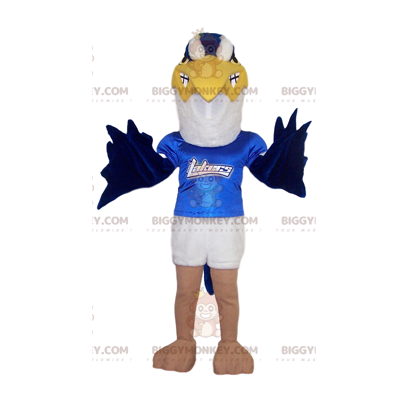 Traje de mascote BIGGYMONKEY™ de águia dourada branca e azul