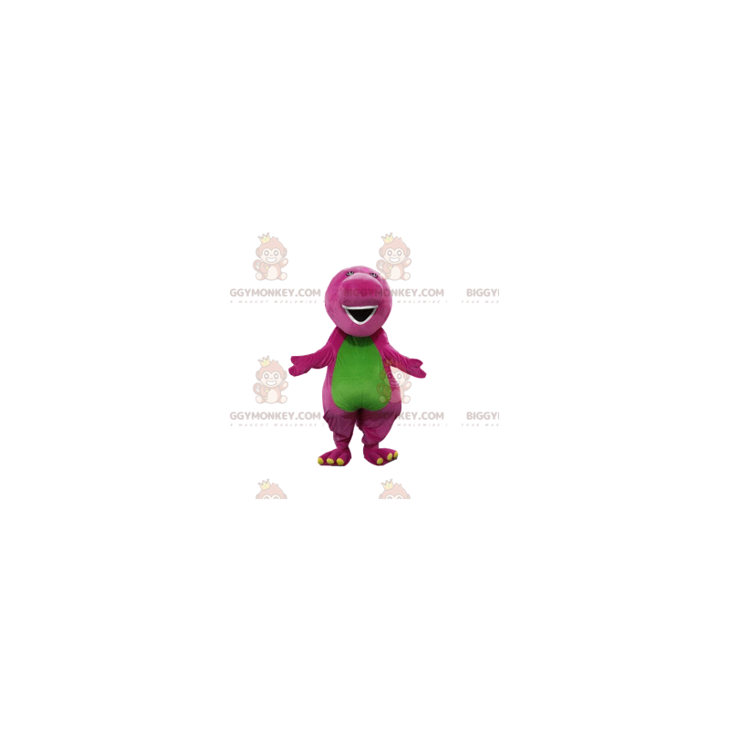 Traje de mascote BIGGYMONKEY™ de dinossauro roxo e verde com um