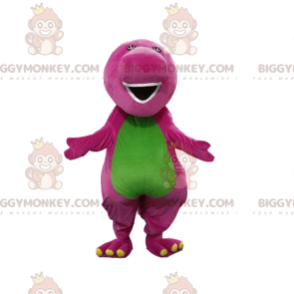 Traje de mascote BIGGYMONKEY™ de dinossauro roxo e verde com um