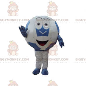 Fantasia de mascote BIGGYMONKEY™ bola de futebol azul e branca