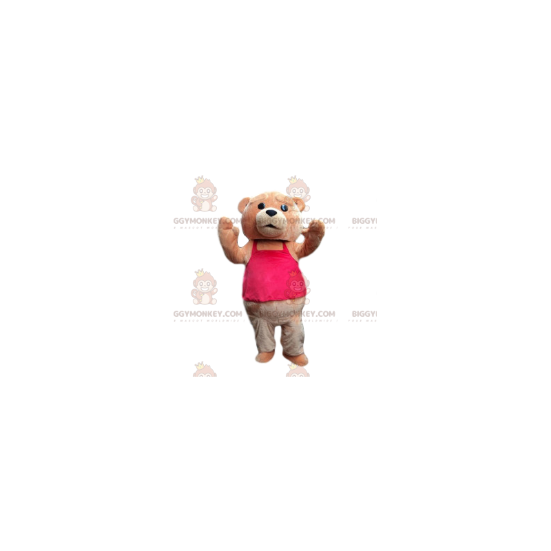 Brown bear BIGGYMONKEY™ mascot costume with fushia pink t-shirt