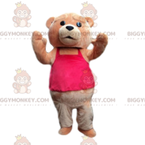 Brown bear BIGGYMONKEY™ mascot costume with fushia pink t-shirt