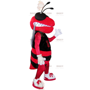 Traje de mascote BIGGYMONKEY™ de abelha vermelha e preta.