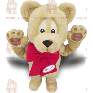 Fantasia de mascote BIGGYMONKEY™ Urso bege com laço vermelho