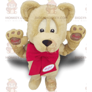 Kostým maskota BIGGYMONKEY™ Béžový medvěd s červenou mašlí