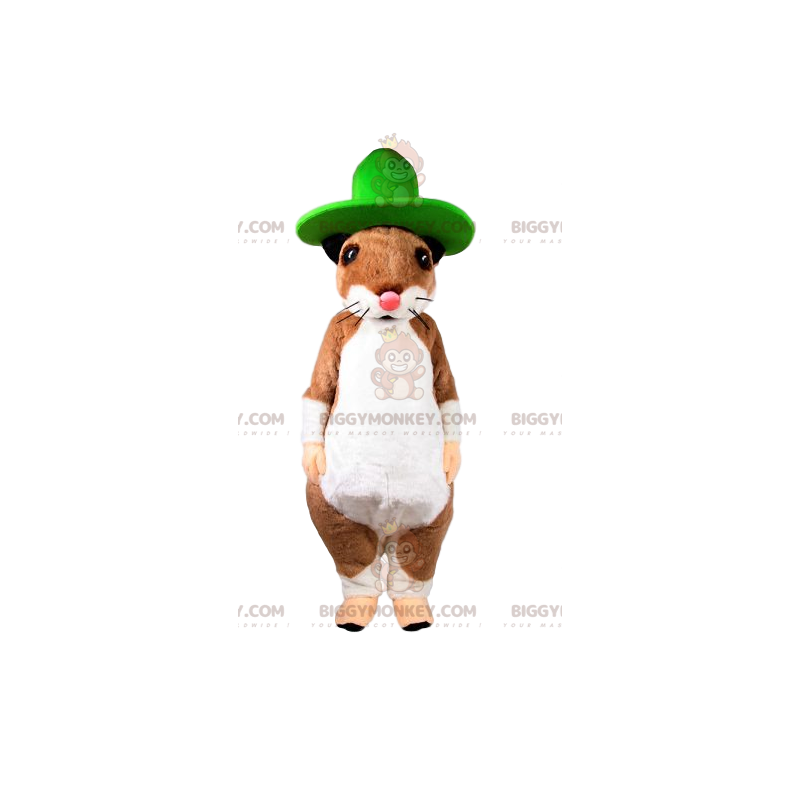 BIGGYMONKEY™ maskottiasu beige ja valkoinen hiiri vihreällä