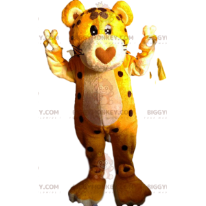 Kostým maskota BIGGYMONKEY™ leoparda s tlamou ve tvaru srdce –