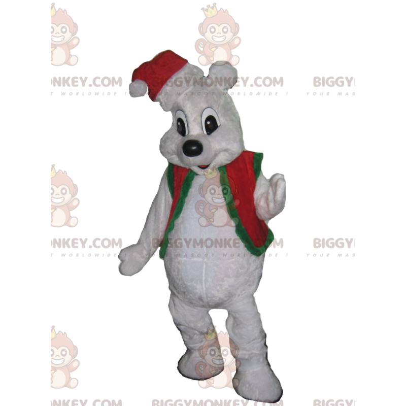 Polar bear BIGGYMONKEY™ mascot costume with small red and green