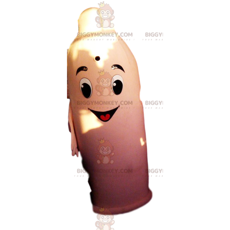 Disfraz de mascota BIGGYMONKEY™ de condón muy sonriente.