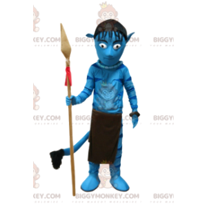 Sininen Native Warrior BIGGYMONKEY™ maskottiasu keihään kanssa