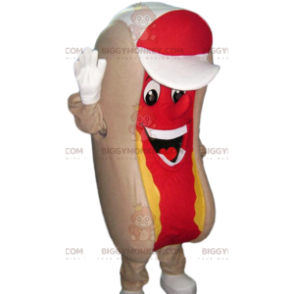 BIGGYMONKEY™ maskottiasu hot dogista sinappilla. hot dog -asu -