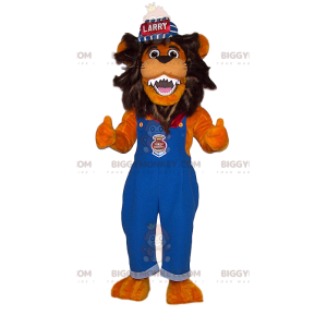 BIGGYMONKEY™ mascottekostuum van leeuw in blauwe overall en pet