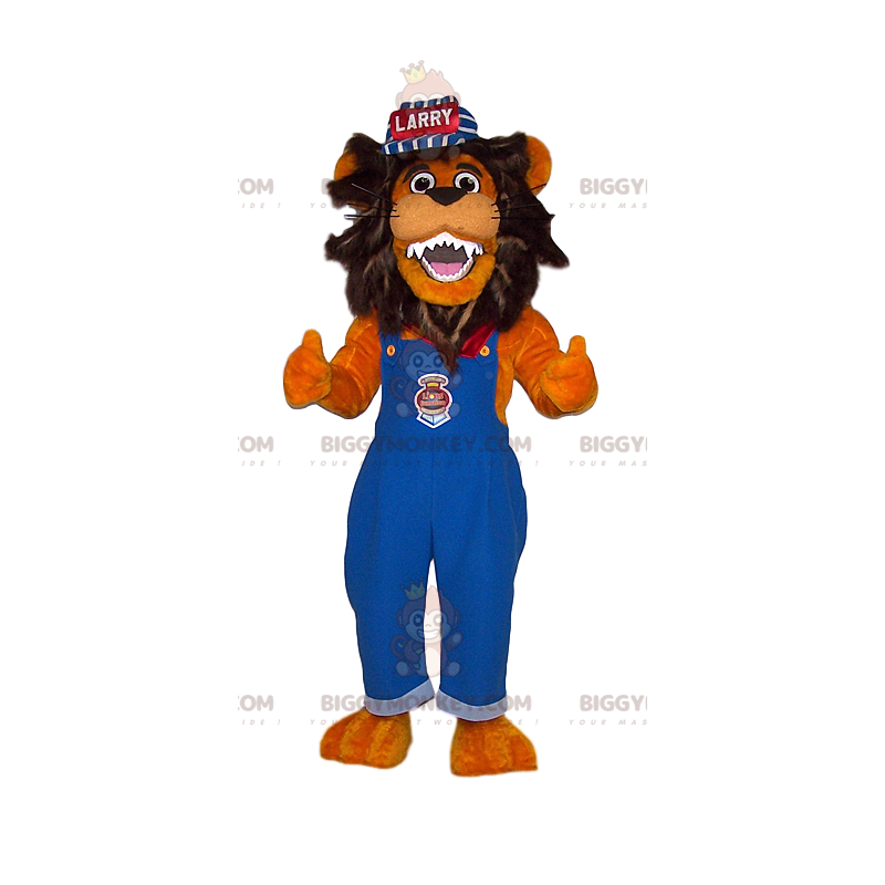 BIGGYMONKEY™ mascottekostuum van leeuw in blauwe overall en pet