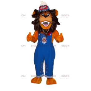 BIGGYMONKEY™ Mascot Costume of lion in blue overalls and cap -