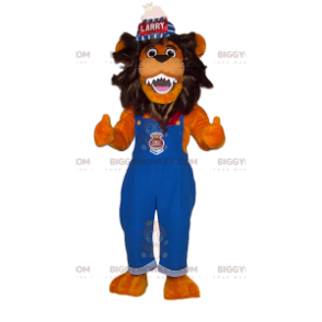 Disfraz de mascota BIGGYMONKEY™ de león con overol azul y gorra