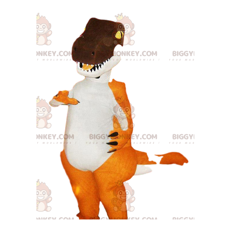 Traje de mascote Tyrex BIGGYMONKEY™ laranja e marrom. Traje