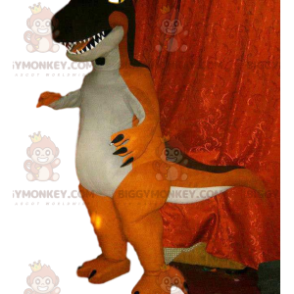 Traje de mascote Tyrex BIGGYMONKEY™ laranja e marrom. Traje