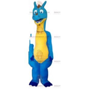 Blue and Yellow Dinosaur BIGGYMONKEY™ Mascot Costume. dinosaur