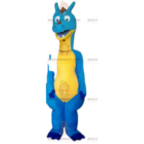 Costume da mascotte BIGGYMONKEY™ dinosauro blu e giallo.