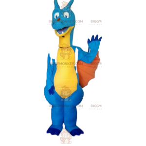 Costume da mascotte BIGGYMONKEY™ dinosauro blu e giallo.