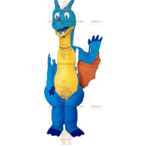 Traje de mascote de dinossauro azul e amarelo BIGGYMONKEY™.