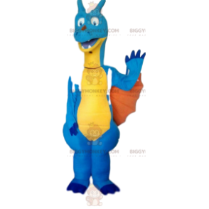 Blau-gelbes Dinosaurier-BIGGYMONKEY™-Maskottchen-Kostüm.