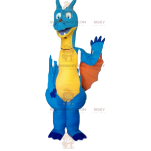 Traje de mascote de dinossauro azul e amarelo BIGGYMONKEY™.