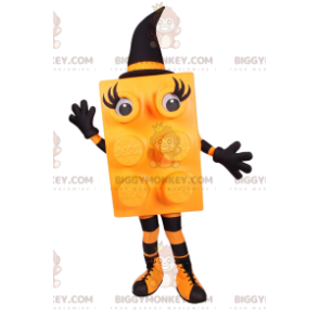 Yellow Block BIGGYMONKEY™ Mascot Costume with Black Pointed Hat