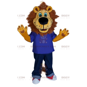 Lion BIGGYMONKEY™ mascot costume with blue jersey and jeans. -