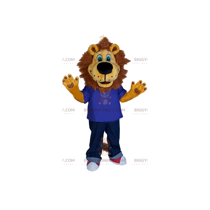 Costume da mascotte Leone BIGGYMONKEY™ con jersey blu e jeans.