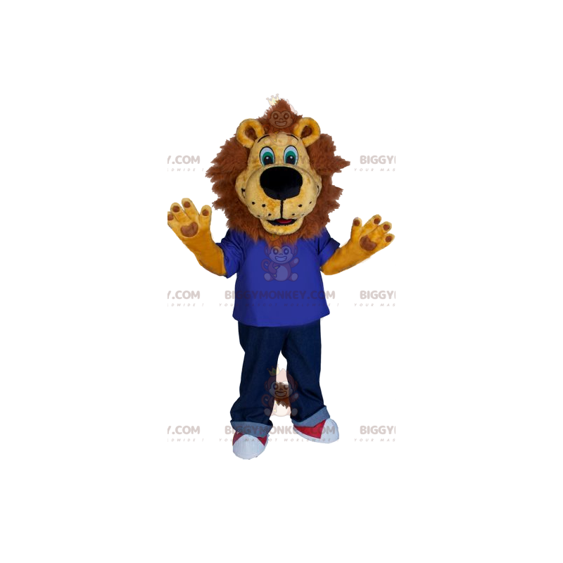 Lion BIGGYMONKEY™ mascot costume with blue jersey and jeans. -