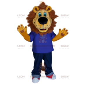 Costume de mascotte BIGGYMONKEY™ de lion avec un maillot bleu