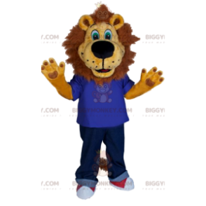 Lion BIGGYMONKEY™ mascot costume with blue jersey and jeans. –