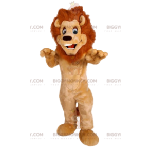 Lion BIGGYMONKEY™ maskotdräkt med en vacker man. lejondräkt -