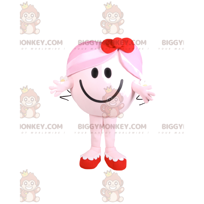 BIGGYMONKEY™ Mascot Costume Little Round Pink Girl with Red Bow