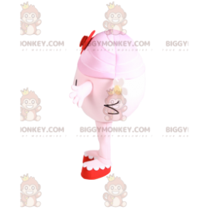 BIGGYMONKEY™ maskotkostume Lille rund pink pige med rød sløjfe