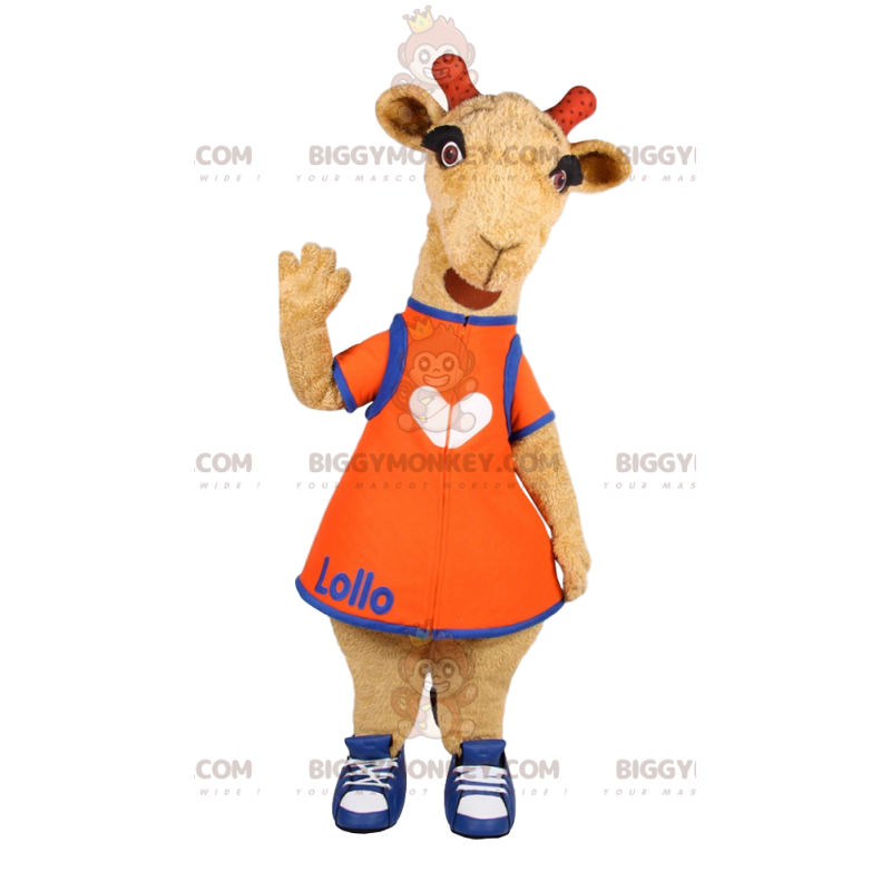 Kostým maskota malé žirafy BIGGYMONKEY™ s oranžovými šaty –