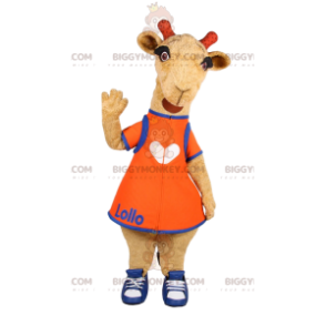Lilla giraffen BIGGYMONKEY™ maskotdräkt med orange klänning -
