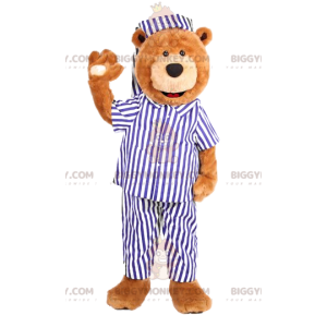 Bear BIGGYMONKEY™ Mascot Costume with White and Blue Striped