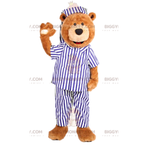 Björnen BIGGYMONKEY™ maskotdräkt med vit och blå randig pyjamas