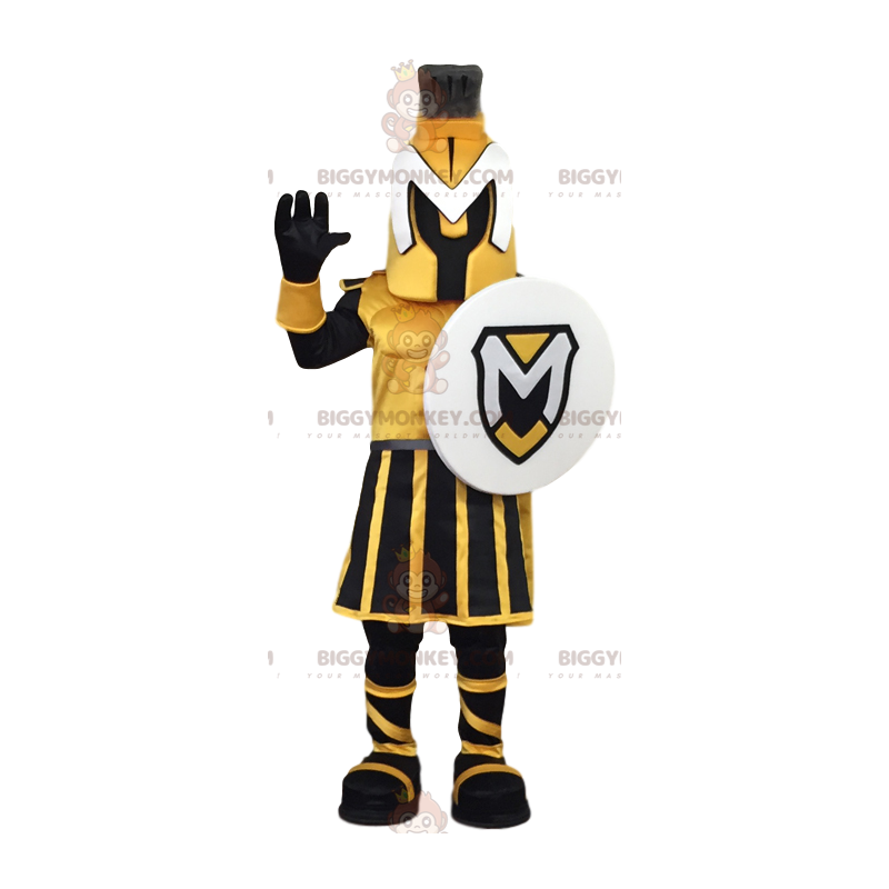 BIGGYMONKEY™ maskotdräkt av gul och svart krigare med en sköld.