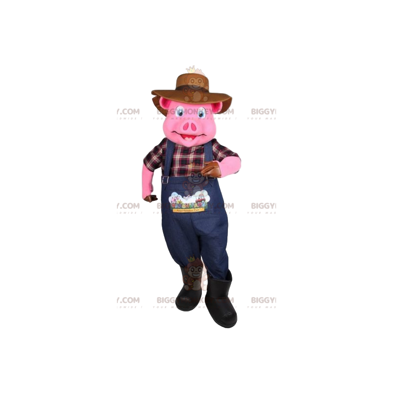 BIGGYMONKEY™ mascot costume of pig in farmer outfit. pig